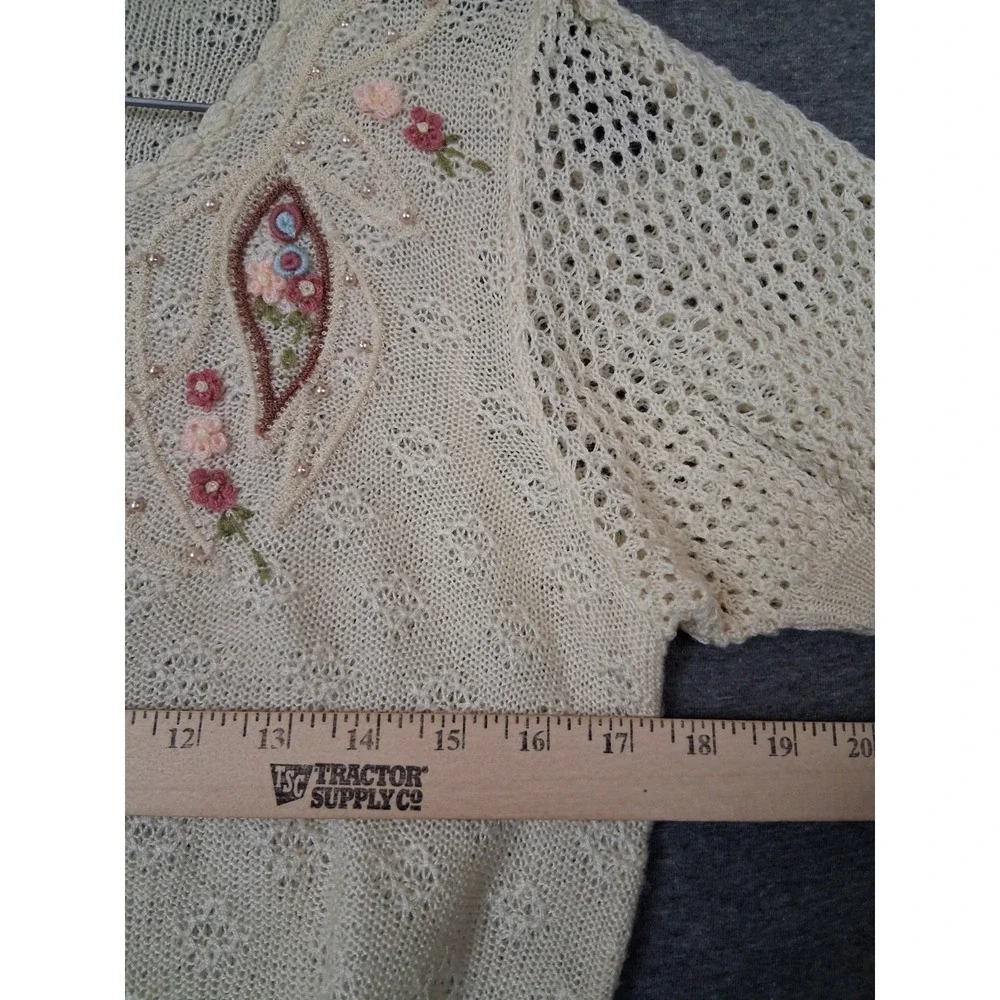 VTG Womens Sweater S Tan Grandma Core Cottage Crochet Coquette Pointelle Scallop